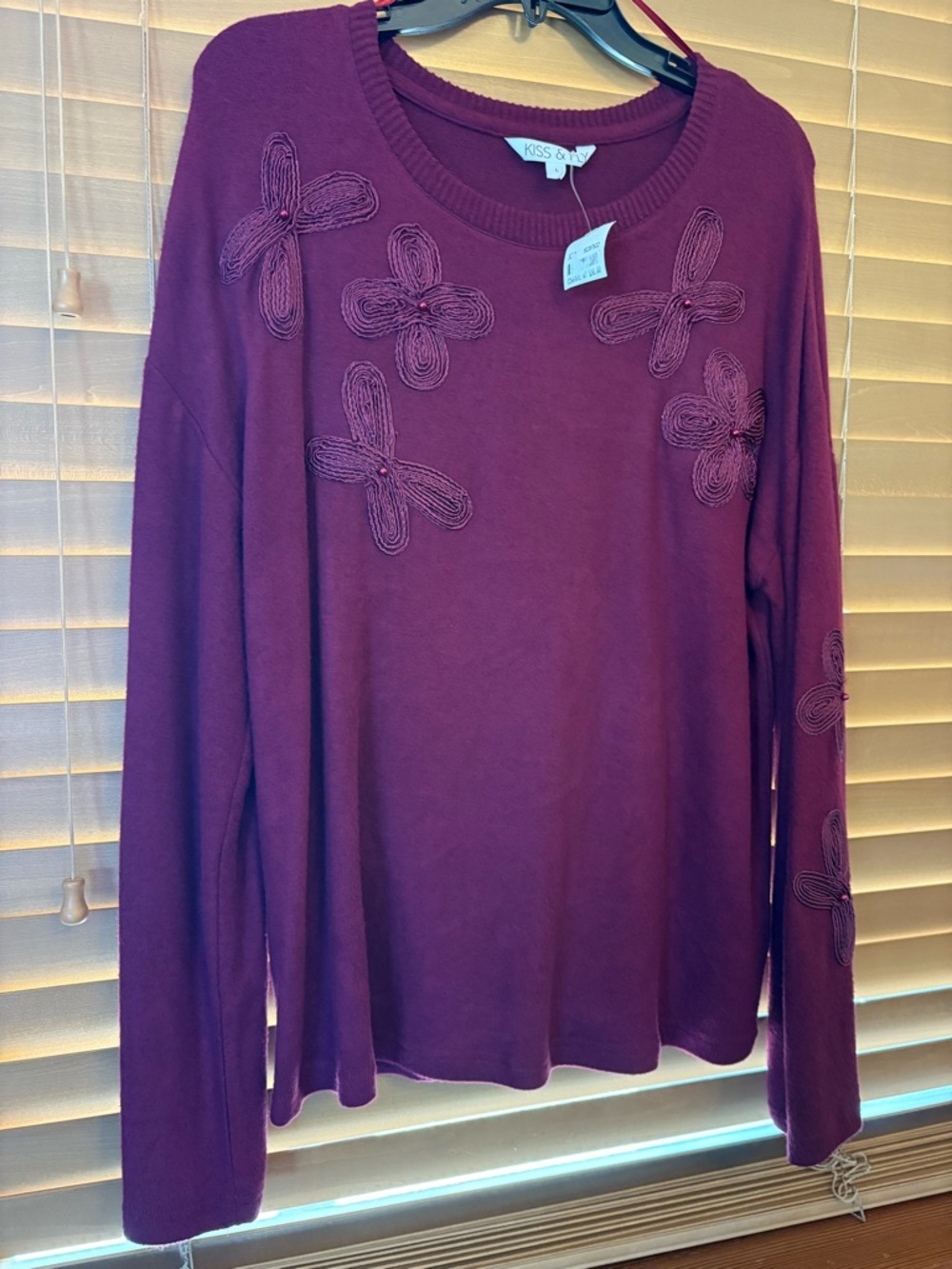 Kiss & Fly NWT Deep Purple, Merlot color  so soft Floral Appliqué Long-Sleeve.